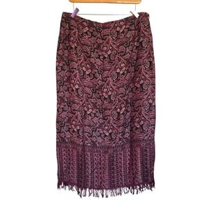 Retro BFA Classics Burgundy Black Fringe Tapestry Midi Skirt Plus Size 18